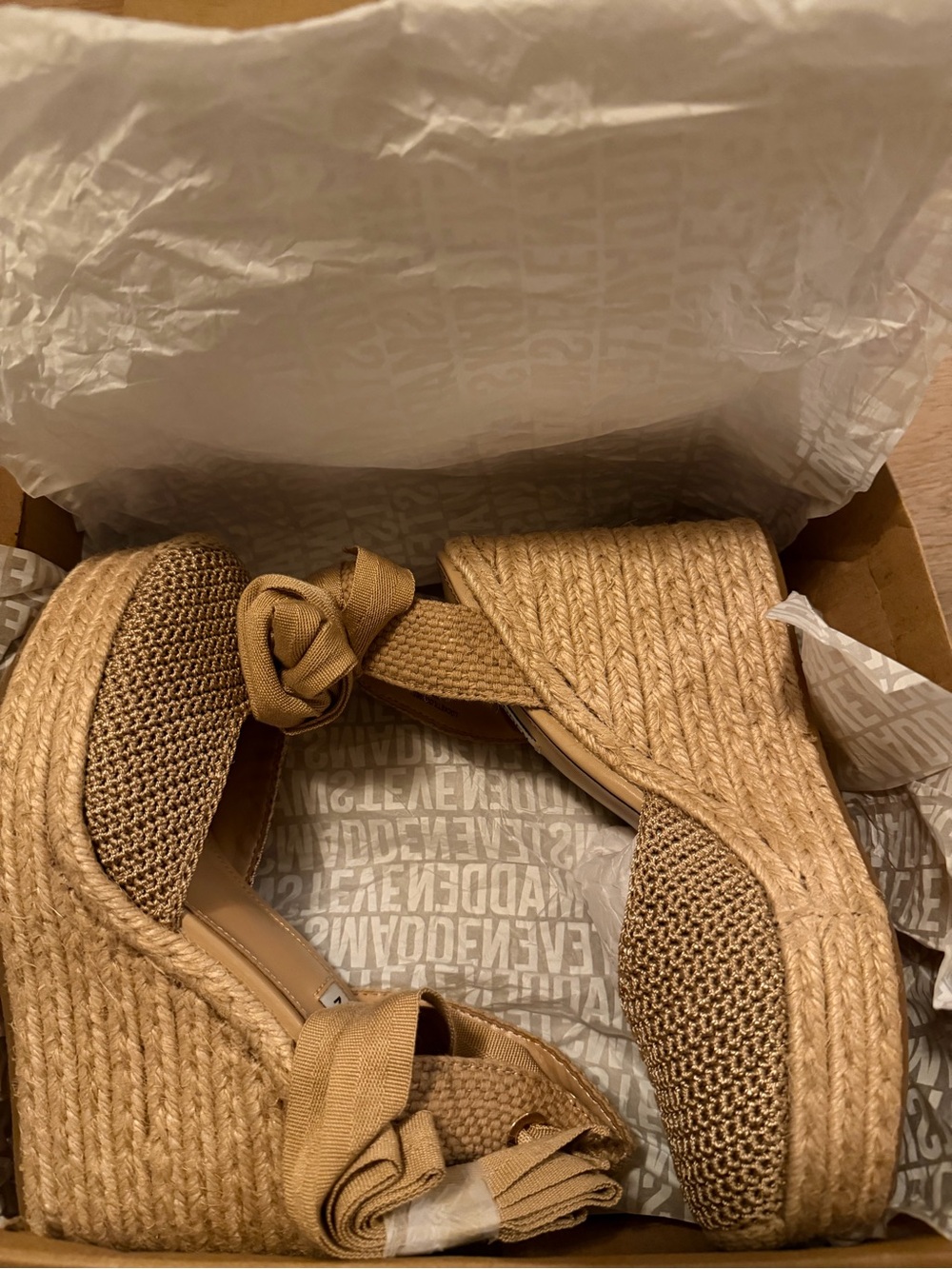 Steve Madden Tan Woven Espadrille Platform Wedges with Ankle Tie